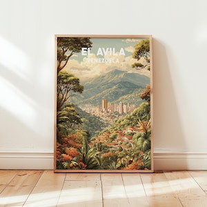 May include: A framed art print of El Avila, Venezuela. The artwork shows a vibrant landscape with lush green foliage, a cityscape, and rolling mountains under a cloudy sky. The text "EL AVILA VENEZUELA" is displayed at the top of the print.