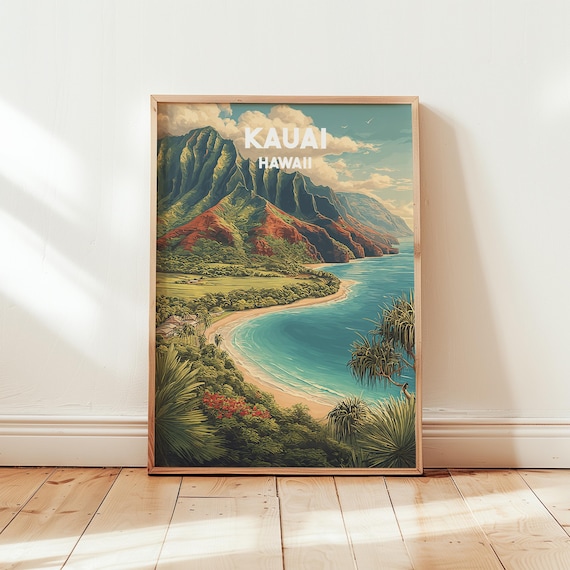 Kauai Hawaii Poster | Vintage US Tropical Travel Print | Island Wall Art | Coastal Decor | Pacific Beach Town Home Gift