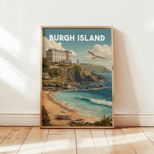 Vintage Burgh Island reseaffischtryck | Retro kustväggkonst Storbritannien | Kustdekor, nautisk gåva, konstverk med havsstrand och landskap