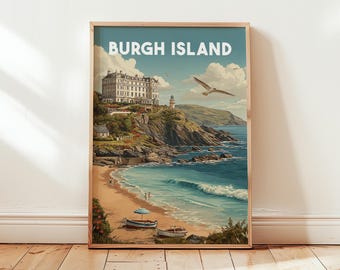 Vintage Burgh Island Reiseposter | Retro-Wandbild mit Strandmotiv (UK) | Küstendeko, nautisches Geschenk, Meereslandschaft