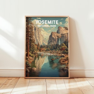 Op de afbeelding: Een ingelijste kunstafdruk van Yosemite National Park. Het kunstwerk toont een schilderachtig landschap met een rivier, bergen en bomen. De tekst "YOSEMITE NATIONAL PARK" staat bovenaan de afdruk.