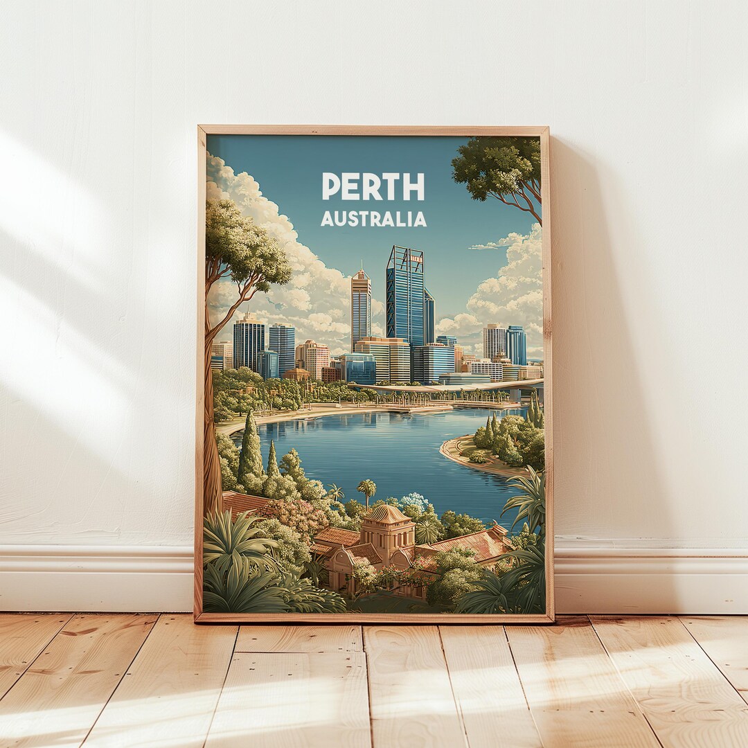 Perth Community Posters Perth Western Australia Travel Poster | Swan River City Skyline Wall ...