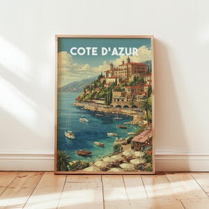 Côte d&#39;Azur France Vintage Travel Poster Print | Retro Mediterranean Wall Art | French Riviera Coastal Decor | Beach Home Design