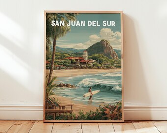 San Juan del Sur Wall Art | Nicaragua Travel Poster | Coastal Beach Print | Tropical Decor | Illustrated Travel Artwork