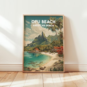 Könnte beinhalten: Ein gerahmter Druck von Ofu Beach, Amerikanisch-Samoa. Das Kunstwerk zeigt eine tropische Strandszene mit türkisfarbenem Wasser, weißem Sand, Palmen und grünen Bergen. Der Text "OFU BEACH AMERICAN SAMOA" ist oben abgebildet.