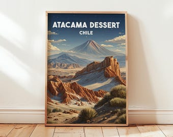 Puede incluir: Impresión artística enmarcada que representa el desierto de Atacama en Chile. La obra muestra un paisaje montañoso bajo un cielo azul, con el texto "ATACAMA DESSERT CHILE". La paleta de colores incluye marrones, azules y blanco.