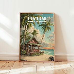 Tisa's Barefoot Bar Amerikanisch-Samoa Reiseposter | Wandbild der Ofu Island Beach Bar | Südsee-Tropenlandschaft