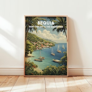 May include: Framed art print of Bequia, Saint Vincent & The Grenadines. The artwork depicts a tropical bay with sailboats, lush green hills, and a village. The sky is blue with fluffy white clouds, and palm trees frame the top of the image.