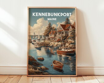 Könnte beinhalten: Gerahmter Kunstdruck von Kennebunkport, Maine. Das Kunstwerk zeigt eine Küstenlandschaft mit Booten, Häusern und einem Leuchtturm. Der Himmel ist mit flauschigen Wolken gefüllt und das Wasser spiegelt die Farben der Szene wider. Der Druck ist in einem Holzrahmen.