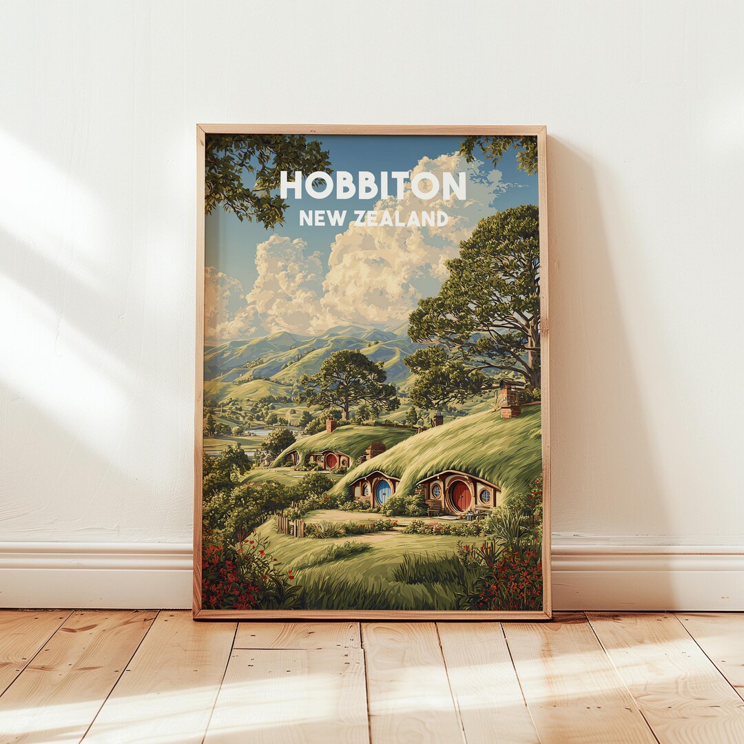 Hobbiton Movie Set New Zealand Travel Poster | Lord of the Rings Hobbit ...