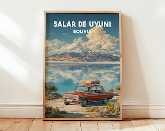 Salar de Uyuni Travel Poster | Bolivia Salt Flats Art Print | Surreal Landscape Decor | Vintage Travel Artwork | Minimalist Nature Wall Art