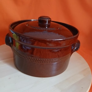 May include: A brown ceramic casserole dish with a lid. The dish has a glossy finish and a decorative band of small, raised dots around the middle. It has two handles and a knob on the lid. The background is orange.