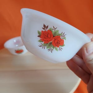 May include: White, vintage-style bowl with a red rose floral design. The bowl has a curved shape and is held in a hand. A second bowl is visible in the background. The background is orange.
