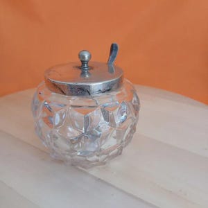 Vintage Cut Glass Preserve Pot Jar & EPNS Silver Plated Lid Spoon Set