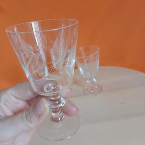 May include: Two clear glass goblets featuring delicate etched botanical patterns of leaves and stems. Each goblet has a smooth, rounded bowl, a short stem with a central decorative ring, and a circular base. The glass is transparent and colorless.