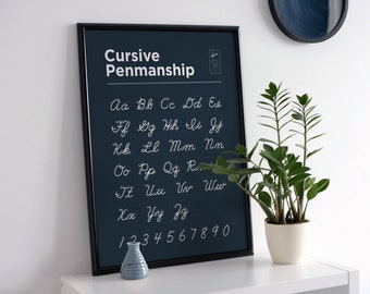 Navy Blue Alphabet Posters - Educational Cursive Alphabets And Numbers Chart - Printable Preschool Penmanship ABC For Classroom Decor