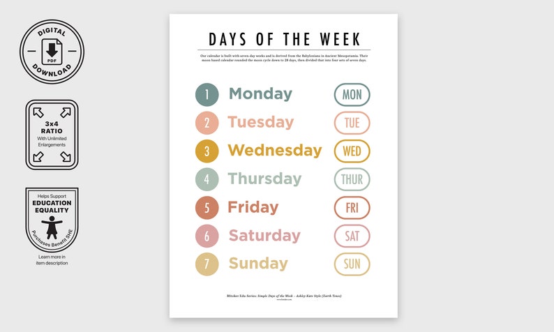 Simple Day Of The Week Poster Digital And Printable Monday To Sunday Posters Educational Chart For Nursery Classroom Decoration image 2