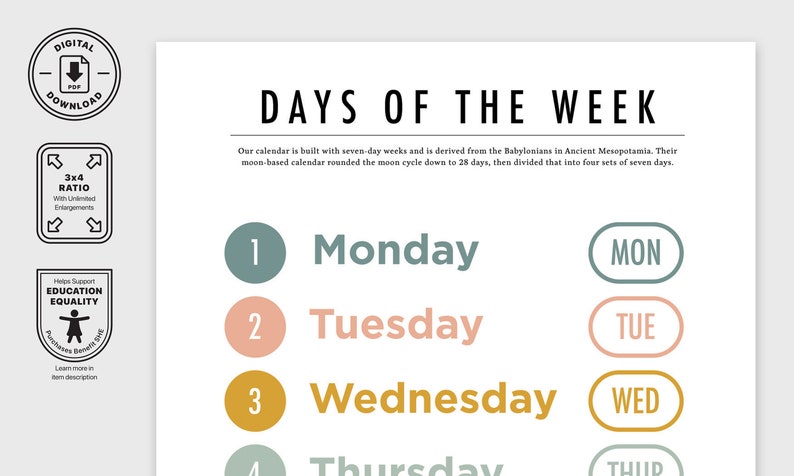Simple Day Of The Week Poster Digital And Printable Monday To Sunday Posters Educational Chart For Nursery Classroom Decoration image 3