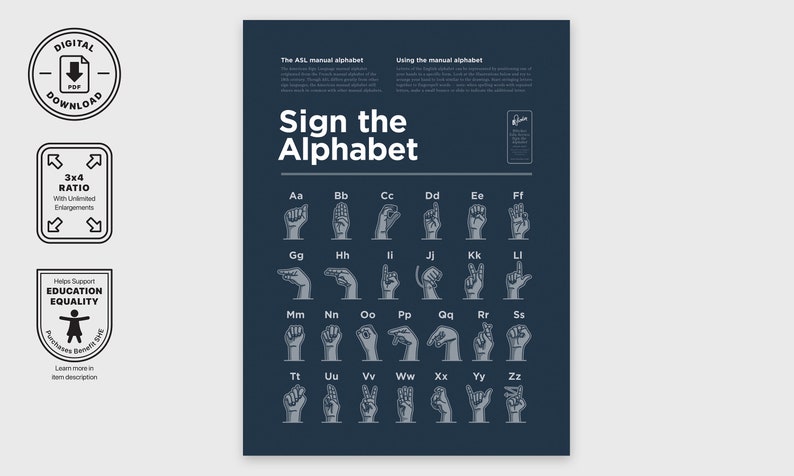 American Sign Language Poster Navy Blue Learning Poster For Preschool Digital Printable Montessori Chart For Nursery Classroom Decor image 2