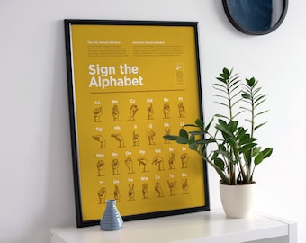 Sign The Alphabet Yellow Chart - Simple American Sign Language Montessori Posters - Printable Learning Poster For Classroom Decoration