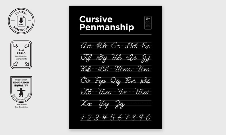 Educational Alphabet Posters - Downloadable Black and White Cursive ...