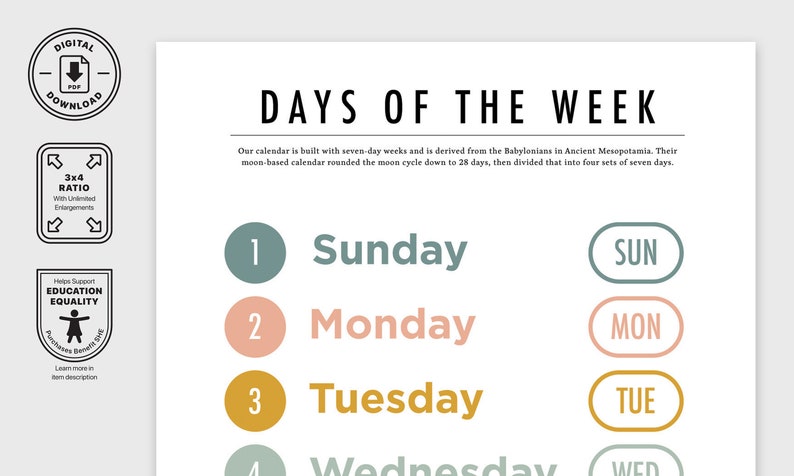 Simple Day Of The Week Poster Digital And Printable Monday To Sunday Posters Educational Chart For Nursery Classroom Decoration image 5