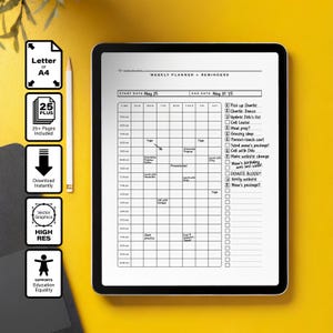 May include: A digital weekly planner displayed on a tablet, featuring a grid layout with time slots and a checklist. The planner includes the dates May 25 to May 31, with reminders and a list of tasks. Additional icons indicate the planner is available in Letter or A4 size.