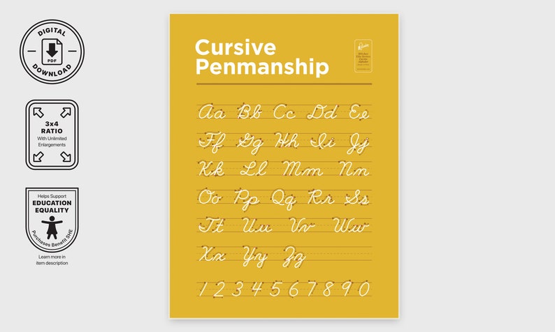 Penmanship Abc Educational Alphabet Yellow Poster - Printable Cursive Alphabets and ...