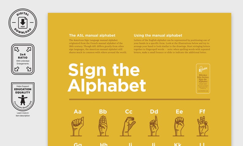 Sign The Alphabet Yellow Chart Simple American Sign Language Montessori Posters Printable Learning Poster For Classroom Decoration image 3