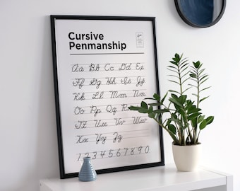 May include: A black framed poster with the title "Cursive Penmanship" and a cursive alphabet chart with numbers 1 through 9 and 0. The poster is on a white shelf with a small blue vase and a potted green plant.