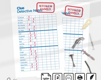 Personalized Clue Detective Notes, Printable Score Sheet, Custom Family Name, Fun for Family & Friends