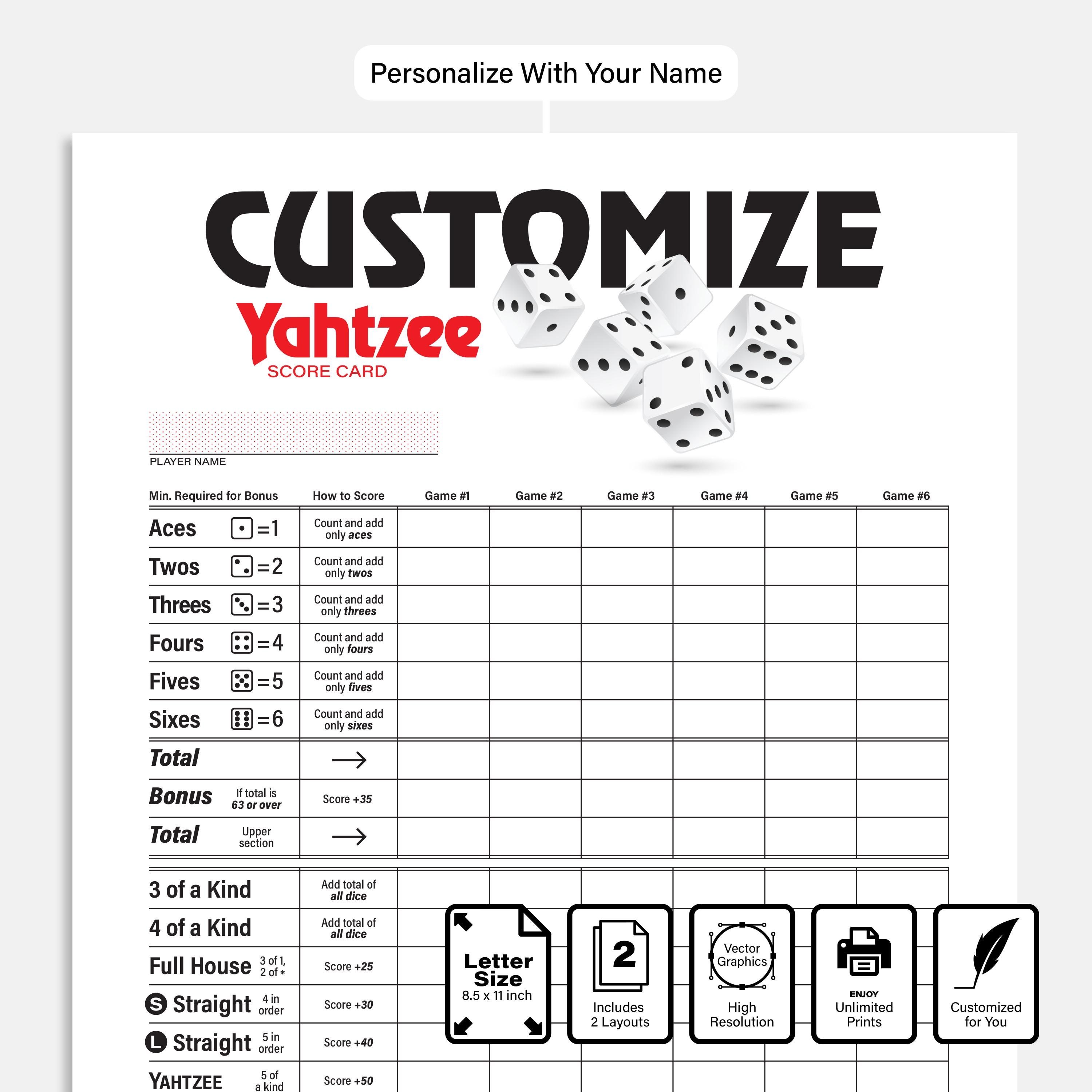 Personalized Yahtzee Score Card, Printable Score Sheet, Custom Family Name, Fun for Family & Friends