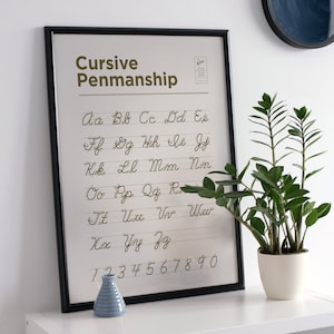 Simple Cursive Penmanship Poster - Educational Alphabets And Numbers Cream Chart - Digital And Printable ABC Posters For Classroom Decor