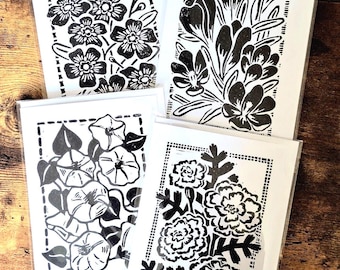 Floral Greeting Card 4 Pack | Assorted Linocut Print Handmade Cards