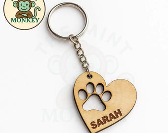 Personalised heart pawprint keychain, handmade engraved gift, birthday, dog