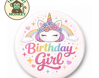 Unicorn Birthday Girl 58mm Badge any age