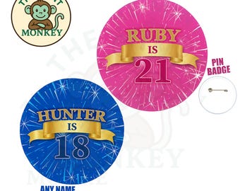 58mm Personalised Birthday Badge pink blue any age 18th 21st 30th 40th 50th 60th