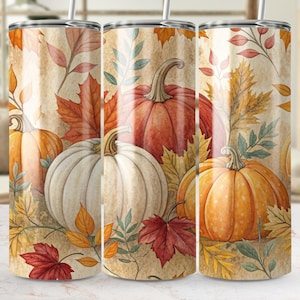 Pumpkin Tumbler Wrap: Fall Leaves Design, 20oz Skinny Tumbler (Digital Download PNG)