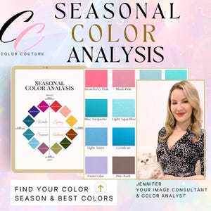 Puede incluir: Un gráfico digital para el análisis de color estacional con el texto Color Couture y Seasonal Color Analysis. Incluye un diagrama de rueda de color, una cuadrícula de muestras de color con nombres y una foto de una consultora rubia.