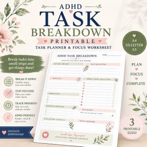 May include: An ADHD task breakdown printable planner worksheet featuring sections for projects, goals, priority steps, obstacles, and small steps. The document includes floral accents, pink hearts, and text headers in navy blue and olive green on a white background.