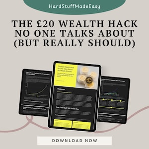 Könnte beinhalten: Drei Tablets zeigen Finanzinformationen. Das zentrale Tablet zeigt den Text "The £20 Wealth Hack No One Talks About (But Really Should)" und "Download Now". Das Bild enthält Grafiken und Text zum Thema Vermögensaufbau.