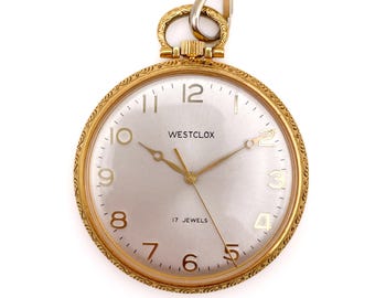 Vintage Westclox Pocket Watch • Engraved Gold Tone Mechanical 17 Jewel Mid Century