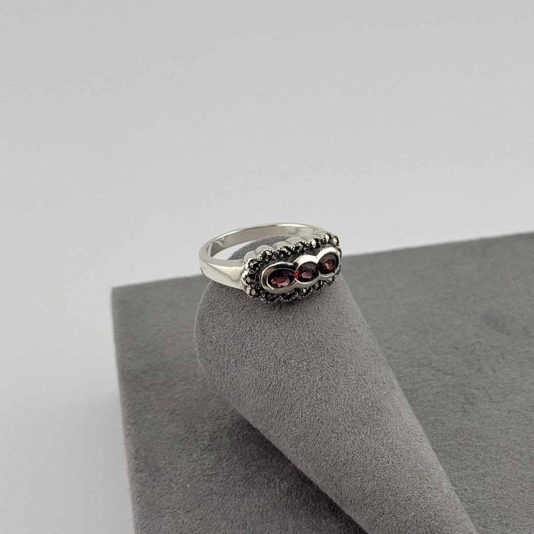 Sterling Silver Garnet Marcasite Ring | Three Stone Art Deco Vintage - Etsy
