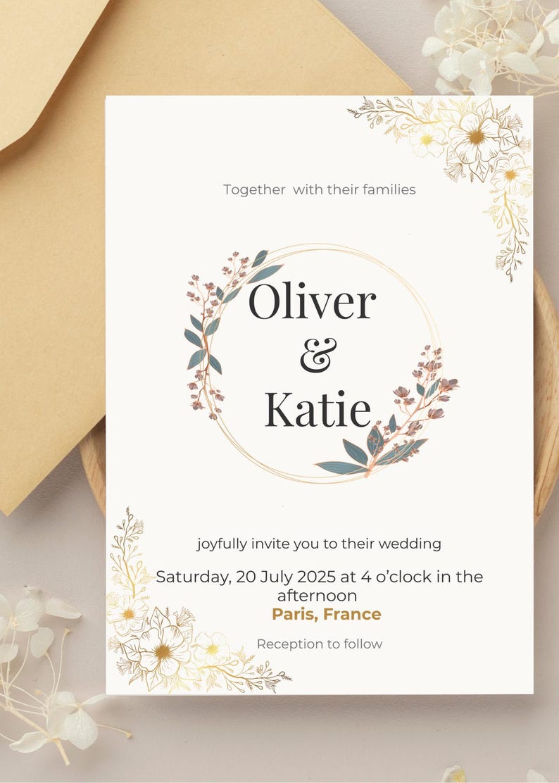 Op de afbeelding: Trouwkaart met de namen "Oliver & Katie" in een bloemenkrans. De uitnodiging vermeldt de datum, tijd en locatie van de bruiloft in Parijs, Frankrijk.