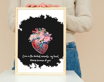 Hartbloem Wandkunst – Anatomisch hart met bloemen – 50×70 cm – Afdrukbare digitale download