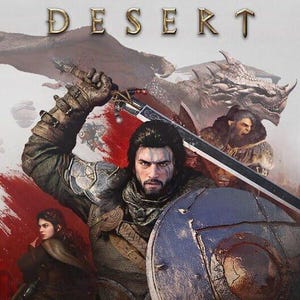 May include: The image promotes "Crimson Desert", showing a warrior wielding a sword and shield, with a dragon and other figures in the background. The game's title is in gold lettering. The overall colour scheme is red and white.