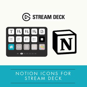 May include: A graphic featuring a Stream Deck interface with various icons and a black and white cube with the letter "N". The text "STREAM DECK" and "NOTION ICONS FOR STREAM DECK" are also present.