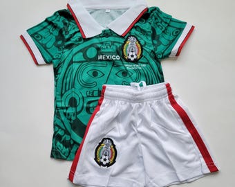Custom Green Mexico Retro Kids Set, Shirt and Shorts Outfit, Personalized with Name and Number