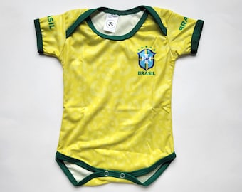 Custom Brazil Baby Bodysuit, Yellow Outfit One-Piece, Personalized with Name and Number