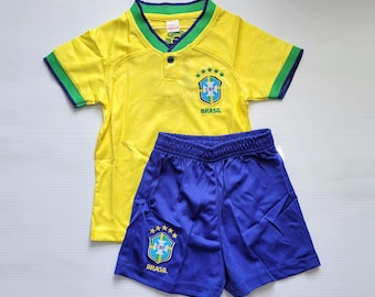 Custom Brazil Kids Set, Shirt and Shorts Outfit, Personalized with Name and Number